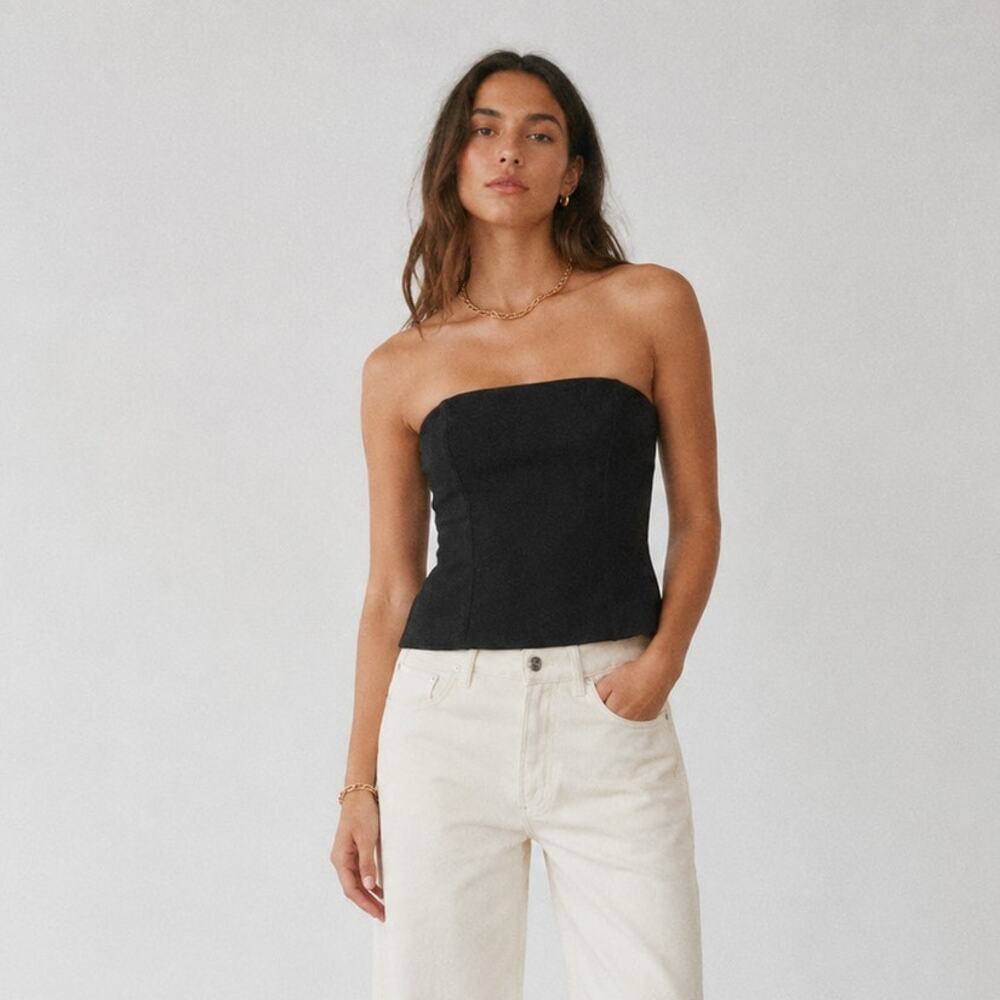 Anine Bing Thea Bustier Strapless Corset Top Womens M Black Crepe Cropped NWT